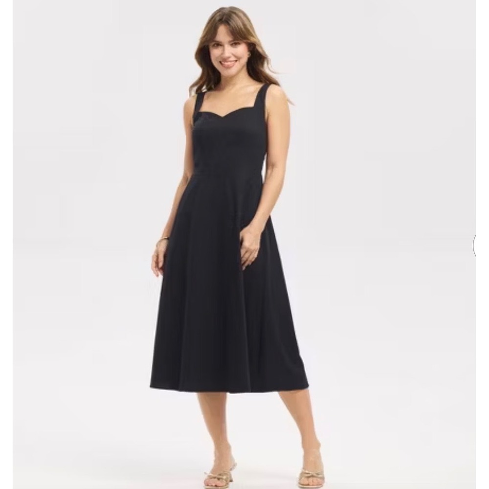 A New Day Womens Black Sweetheart Neck Smocked Back Midi Dress Size S NWT